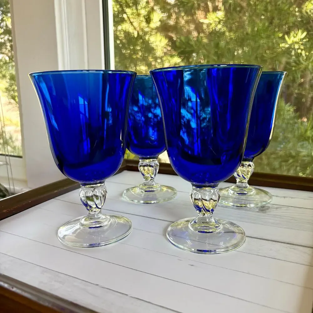 Vintage Cristal D’Arques Cobalt Blue Goblets Set of 4 Wine Glasses